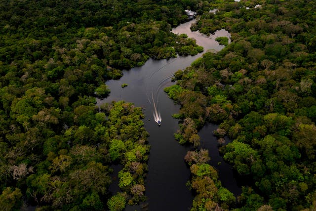 Aerial view showing a boat speeding on the Jurura river in the municipality of Carauari, in the heart of the Brazilian Amazon Forest, on March 15, 2020. - Many young people in the heart of the Amazon rainforest choose their community over the city.