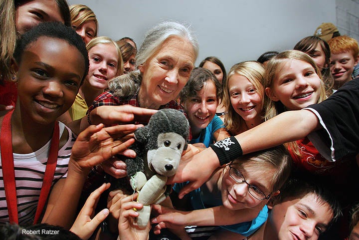 Dr Jane Goodall with a group of Roots &amp; Shoots members in Salzburg, Austria (The Jane Goodall Institute)