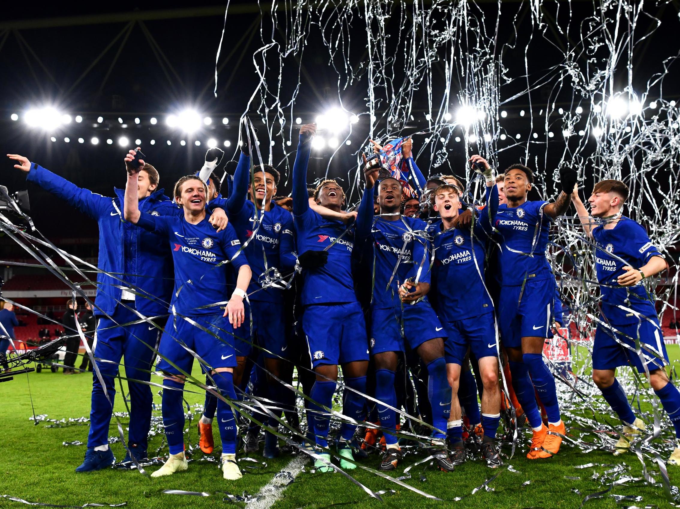 Chelsea celebrate winning their fifth successive FA Youth Cup