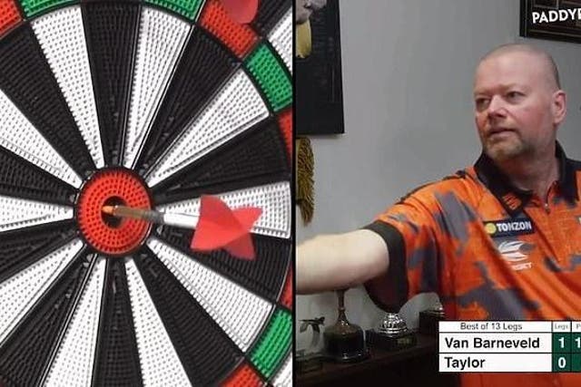 Raymond van Barneveld defeated Phil Taylor in the first 'Stay at Home Darts' match for charity