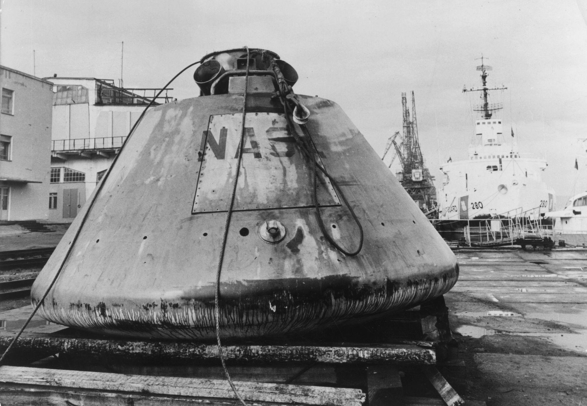 The Apollo boilerplate capsule BP-1227 at the docks at Murmansk after being recovered by Soviet fishermen in the Golfe de Gascogne (Bay of Biscay), France. It was later returned to the US