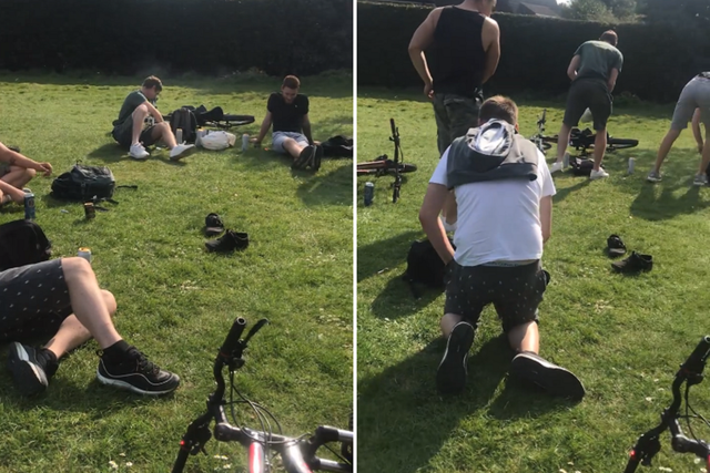 Screen grab of video posted on Facebook of an NHS nurse forcing a group of young men to go home after finding them drinking and smoking in a park in Basingstoke, Hampshire, 9 April 2020.