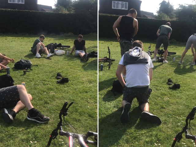 Screen grab of video posted on Facebook of an NHS nurse forcing a group of young men to go home after finding them drinking and smoking in a park in Basingstoke, Hampshire, 9 April 2020.