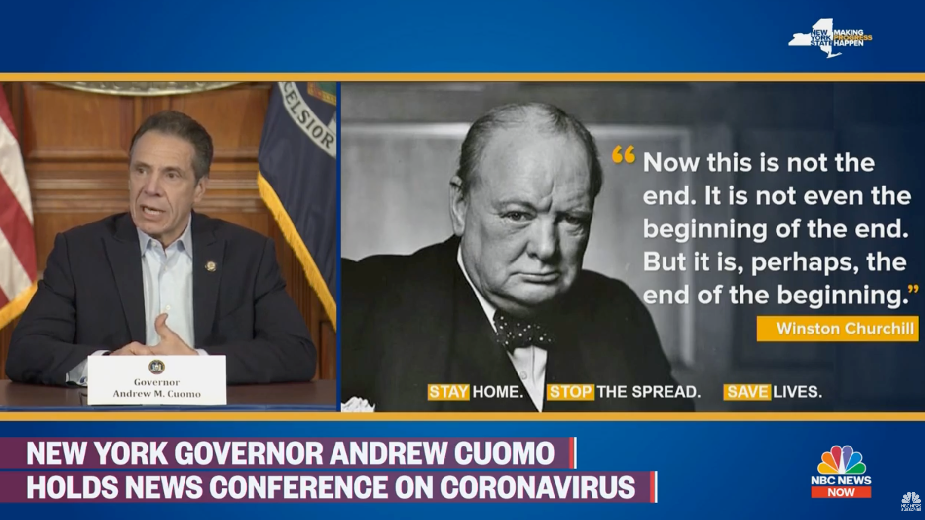 New York Governor Andrew Cuomo invoked wartime British Prime Minister Winston Churchill as the number of deaths from coronavirus in the state appeared to be stabilizing, but at a "horrific rate"