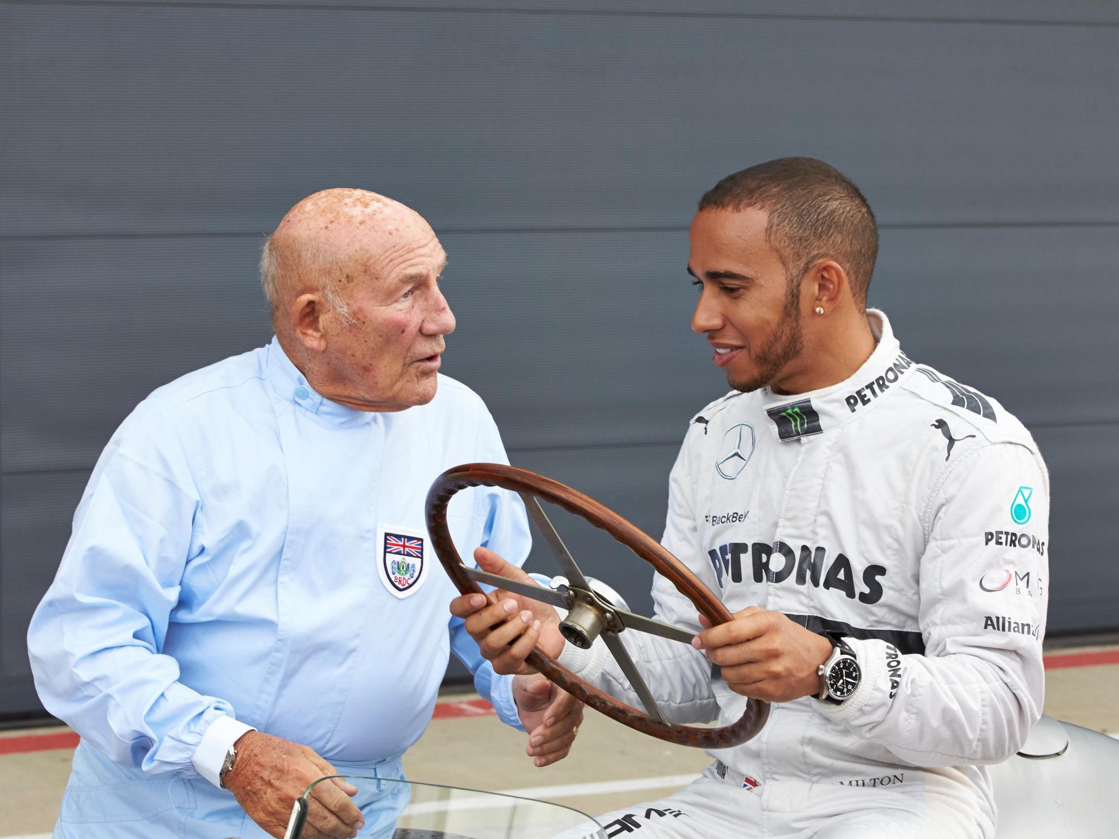 Quick word: Sir Stirling with Lewis Hamilton at Silverstone in 2013