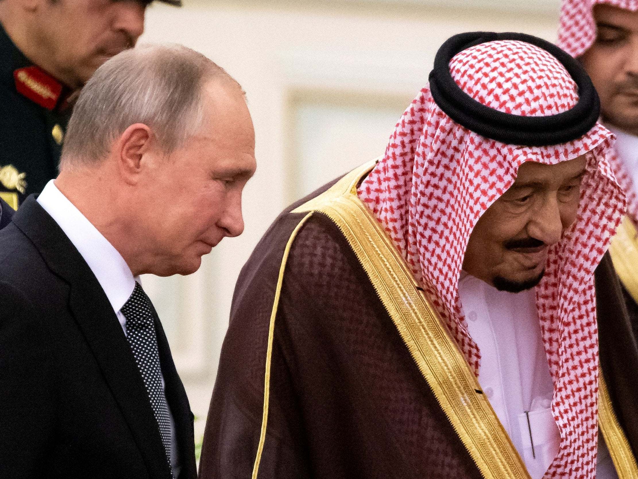 Russian president Vladimir Putin and Saudi Arabia's King Salman at a ceremony in October 2019