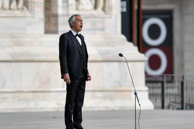 Italian singer Andrea Bocelli performs outside the Duomo cathedral