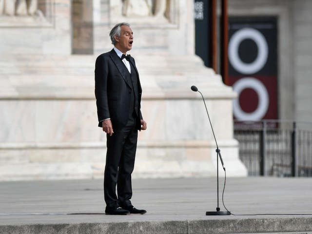 Italian singer Andrea Bocelli performs outside the Duomo cathedral