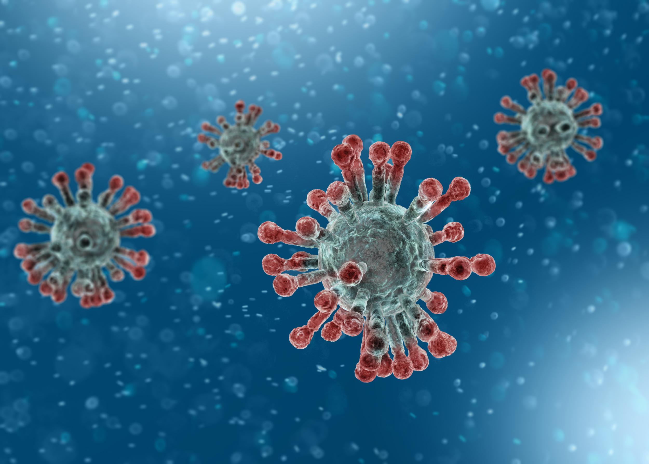 Microscopic view of Coronavirus, a pathogen that attacks the respiratory tract. Analysis and test, experimentation. Sars. 3d render.