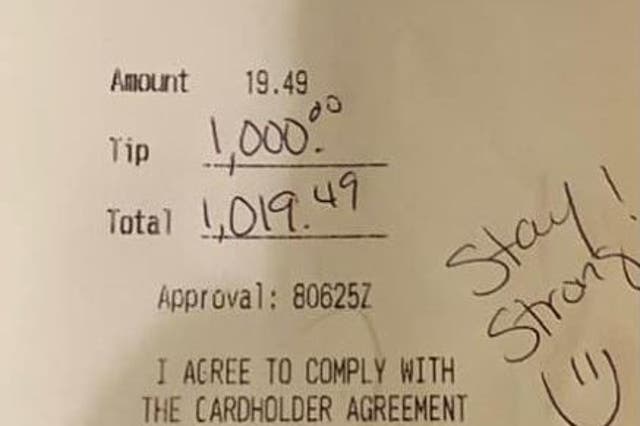 A receipt showing a $1,000 tip left at Cavatore's Italian Restaurant in Houston.