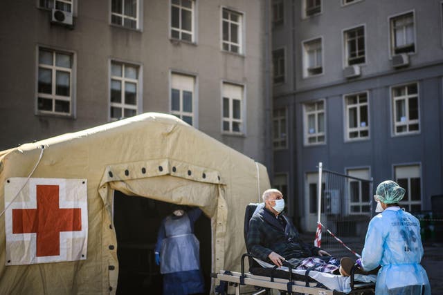 Triage tents have been set up outside Portuguese hospitals to deal with Covid-19 patients, as seen here at the Santa Maria Hospital in Lisbon