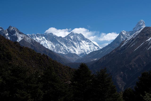 Mount Everest (centre left) and other peaks from Namche Bazaar