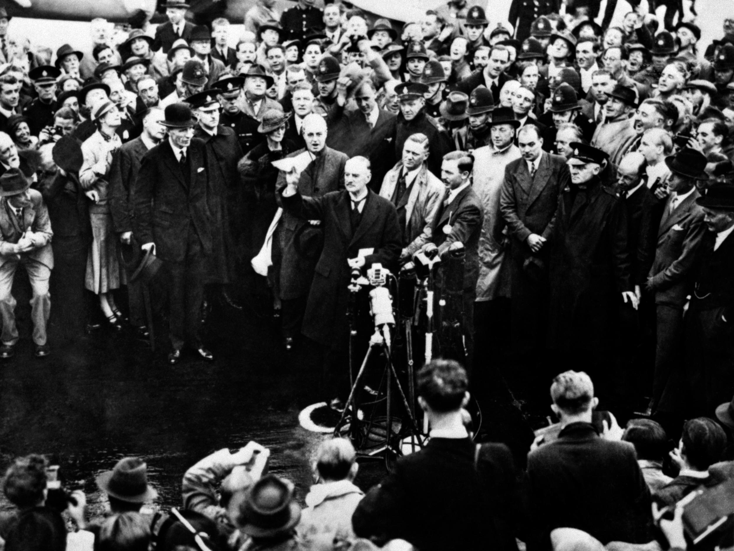 Chamberlain makes his famous ‘Peace in Our Time’ speech after returning from talks with Hitler in Munich