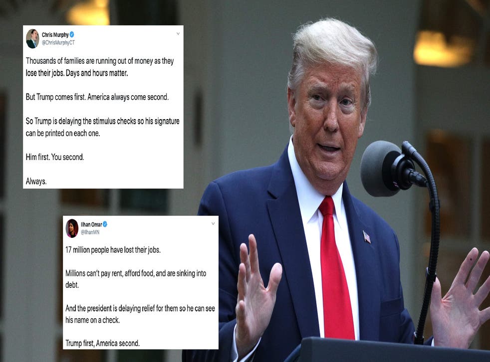 Trump News Americans Forced To Wait For Stimulus Cheques Because President Wants His Name To Be Printed On Them Indy100 Indy100 Trump News Americans Forced To Wait For Stimulus Cheques Because President Wants His Name To Be Printed On Them Indy100 Indy100