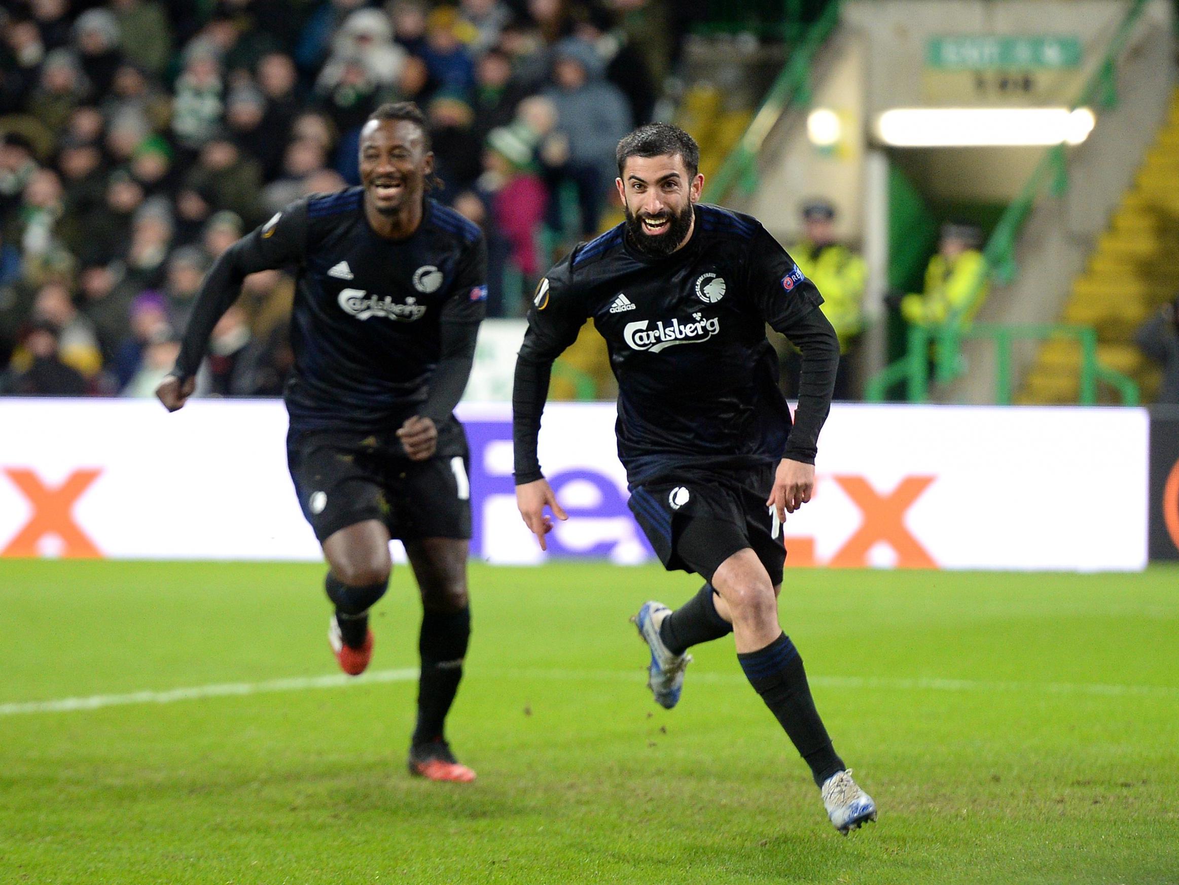 Michael Santos celebrates scoring against Celtic