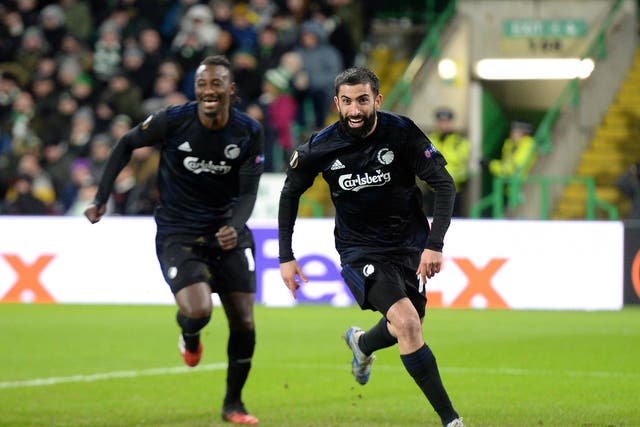 Michael Santos celebrates scoring against Celtic