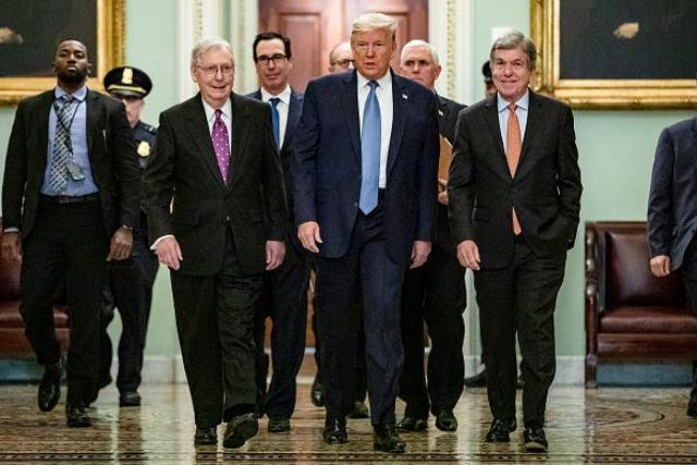 Mitch McConnell (left) walks with Donald Trump to a Republican senators lunch meeting in the Capitol. Getty Images