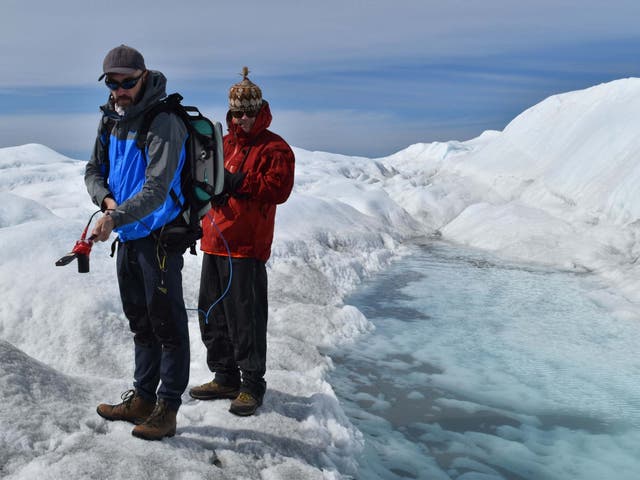 Study lead Marco Tedesco and a colleague during an expedition to Greenland