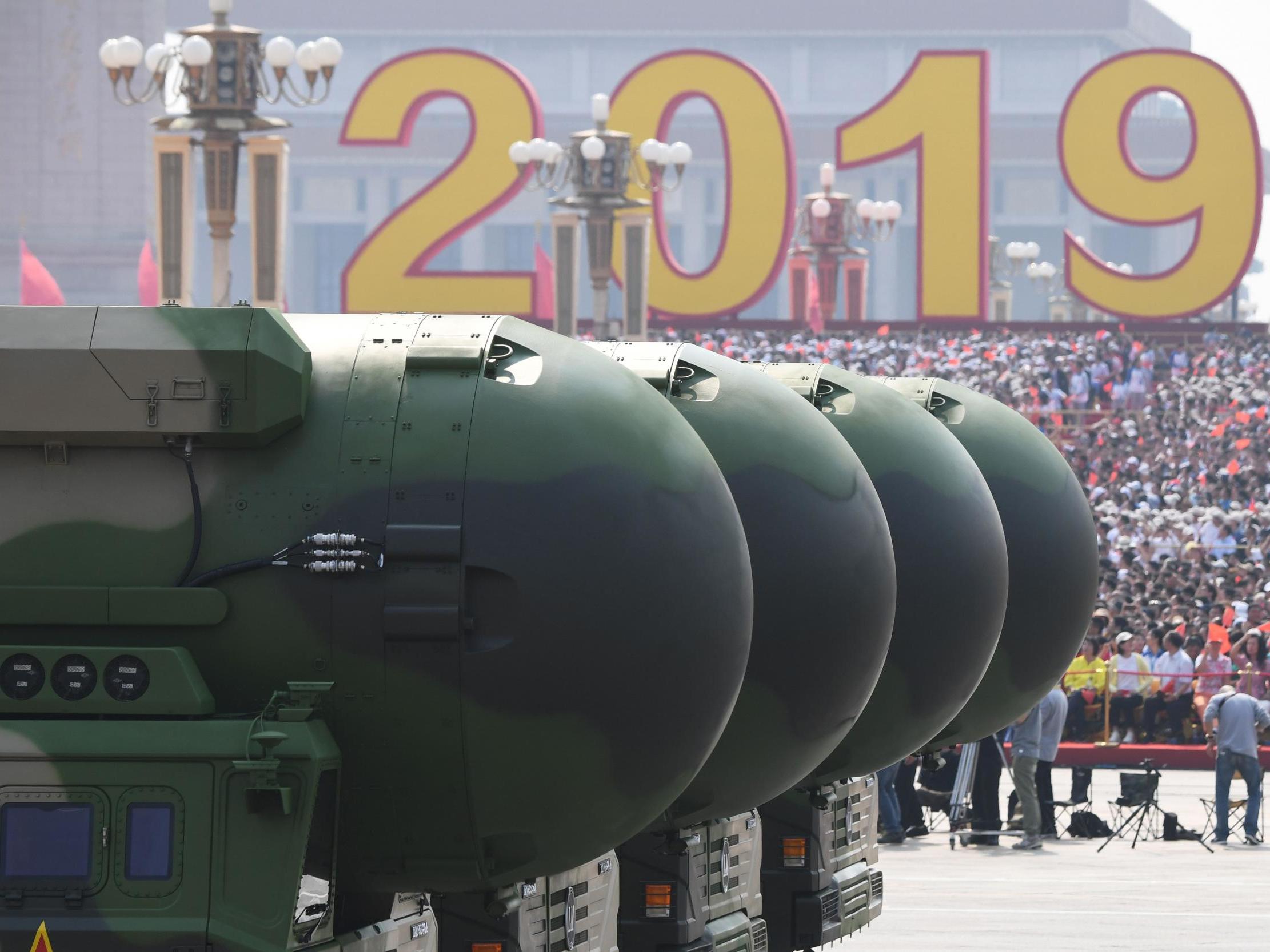 China’s DF-41 nuclear-capable intercontinental ballistic missiles are seen during a military parade at Tiananmen Square in October 2019