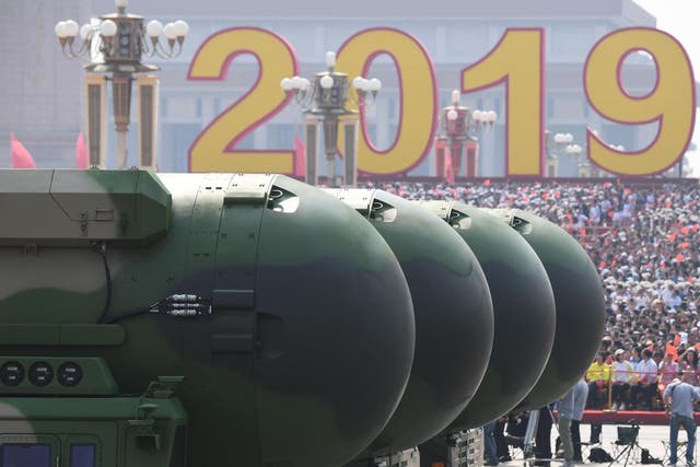 China’s DF-41 nuclear-capable intercontinental ballistic missiles are seen during a military parade at Tiananmen Square in October 2019