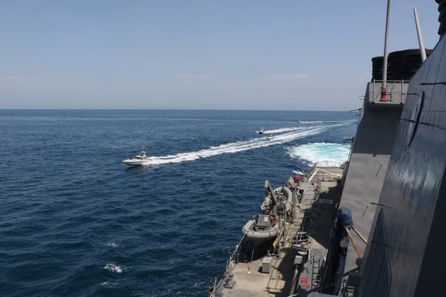 An Iranian vessel pictured harassing US Navy ships in international waters in the North Arabian Gulf on 15 April, 2020