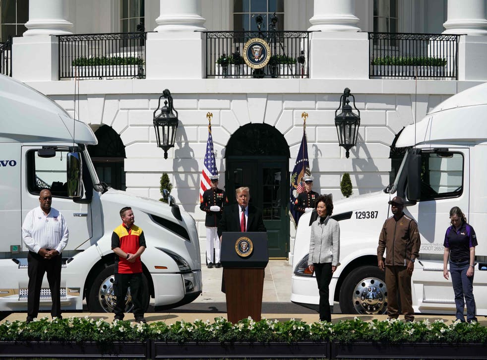 Donald Trump speaks during an event to celebrate America's truckers outside the White House