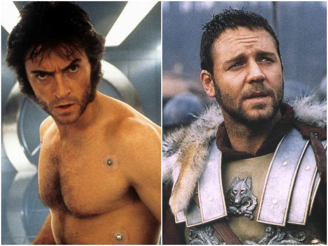 Hugh Jackman as Wolverine in 2000's X-Men, and Russell Crowe in 2000's Gladiator