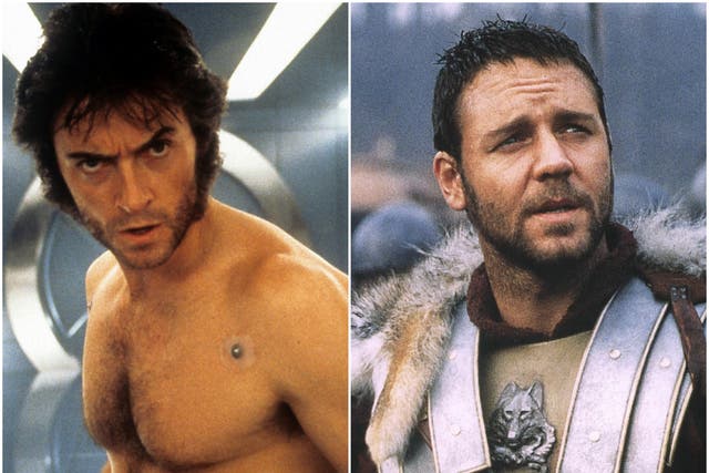 Hugh Jackman as Wolverine in 2000's X-Men, and Russell Crowe in 2000's Gladiator