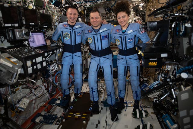 NASA astronauts Jessica Meir and Andrew Morgan and Soyuz Commander Oleg Skripochka of the Russian space agency Roscosmos on the International Space Station