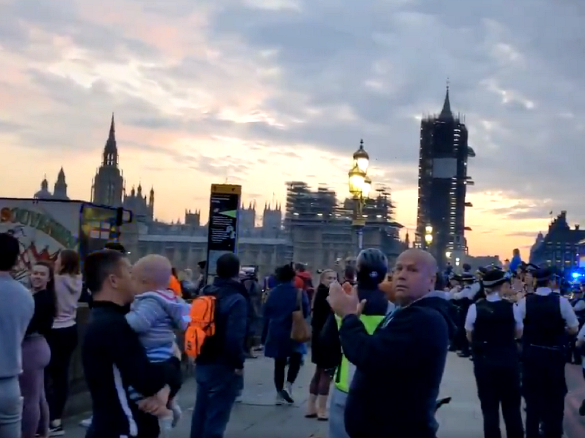 Screengrab from video posted to Twitter of crowds of people taking part in the ‘Clap for Carers’ on Westminster Bridge, 16 April 2020