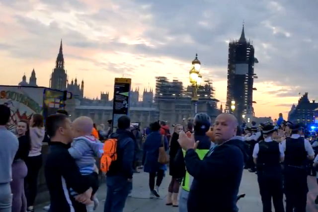 Screengrab from video posted to Twitter of crowds of people taking part in the ‘Clap for Carers’ on Westminster Bridge, 16 April 2020