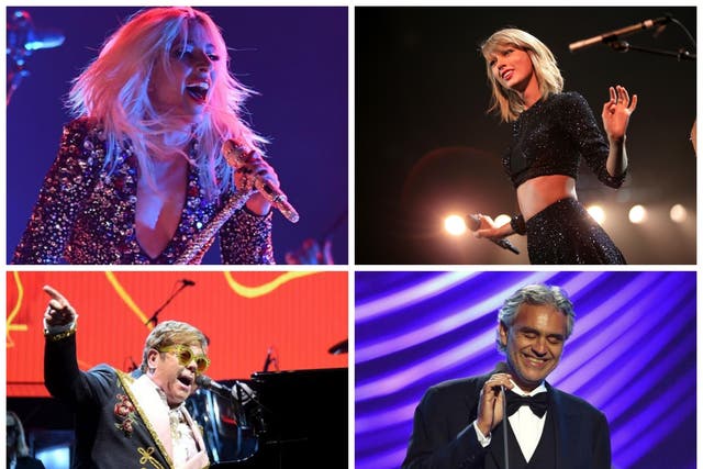 Top left clockwise: Lady Gaga, Taylor Swift, Andrea Bocelli and Sir Elton John are among the performers for the One World concert