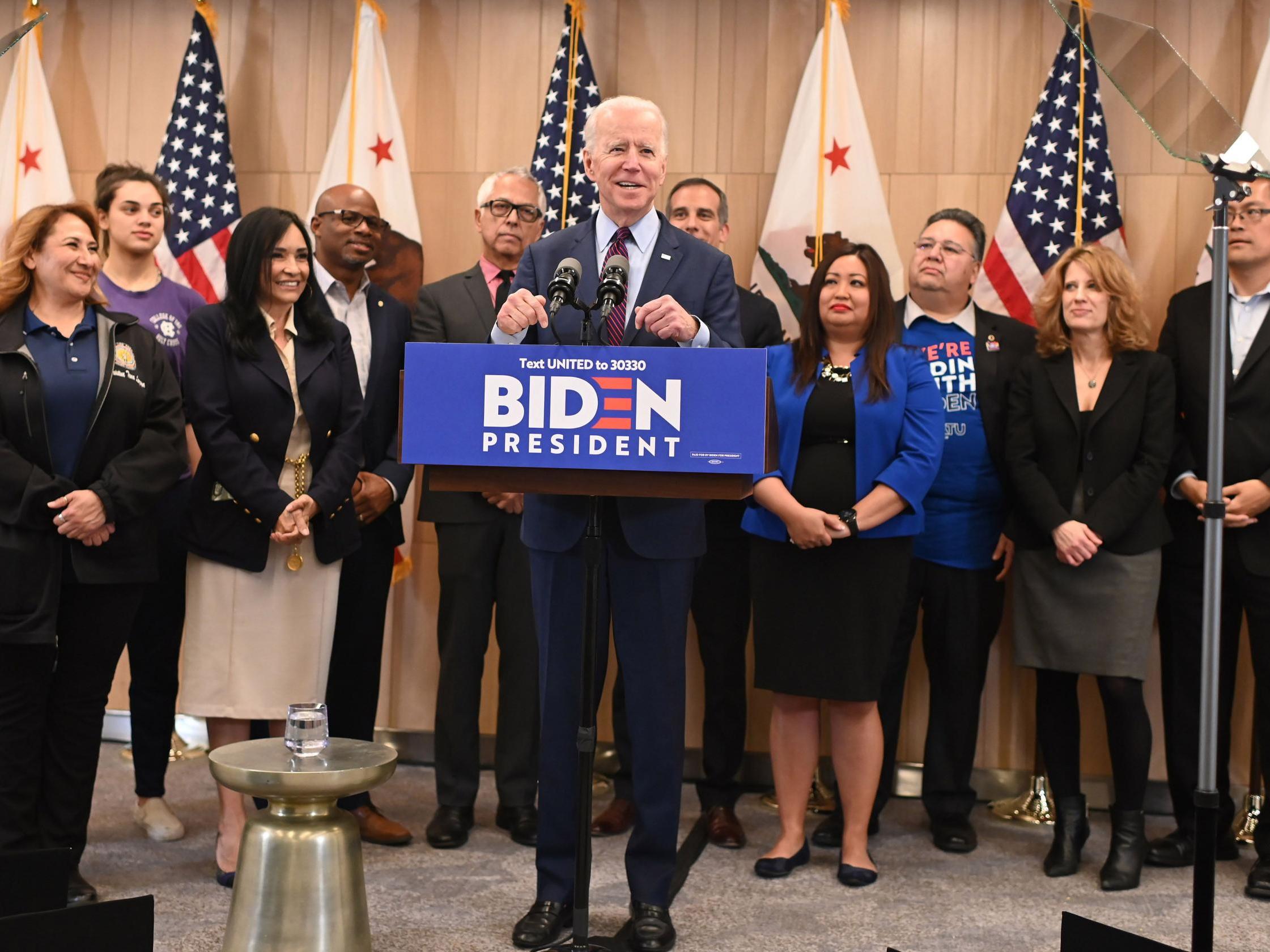 Democratic presidential hopeful Joe Biden delivers remarks in Los Angeles, California, on 4 March 2020