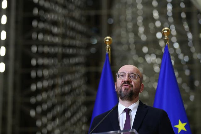 EU Council President Charles Michel gives a press conference after a videoconference with EU heads of state to discuss measures against the covid-19 pandemic in Brussels, on 26 March 2020