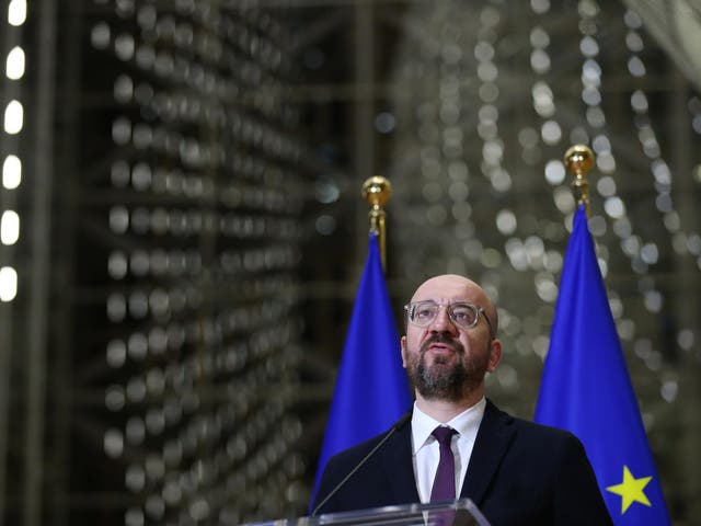 EU Council President Charles Michel gives a press conference after a videoconference with EU heads of state to discuss measures against the covid-19 pandemic in Brussels, on 26 March 2020