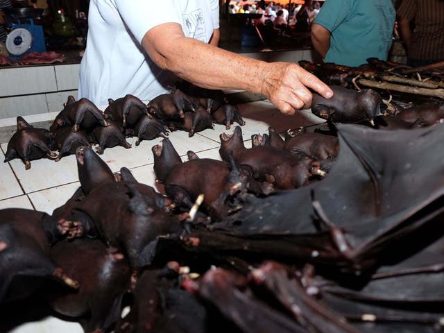 a vendor selling bats at the Tomohon Extreme Meat market on Sulawesi island in Indonesia on 8 February 2020