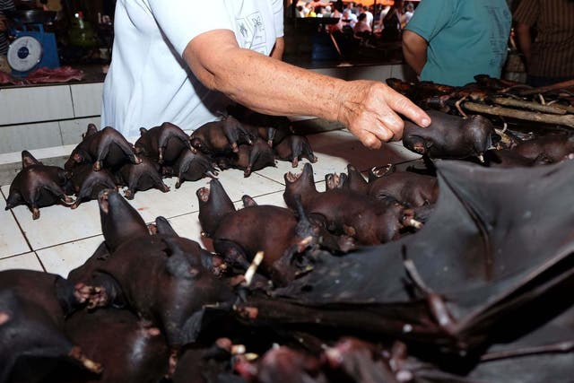 a vendor selling bats at the Tomohon Extreme Meat market on Sulawesi island in Indonesia on 8 February 2020