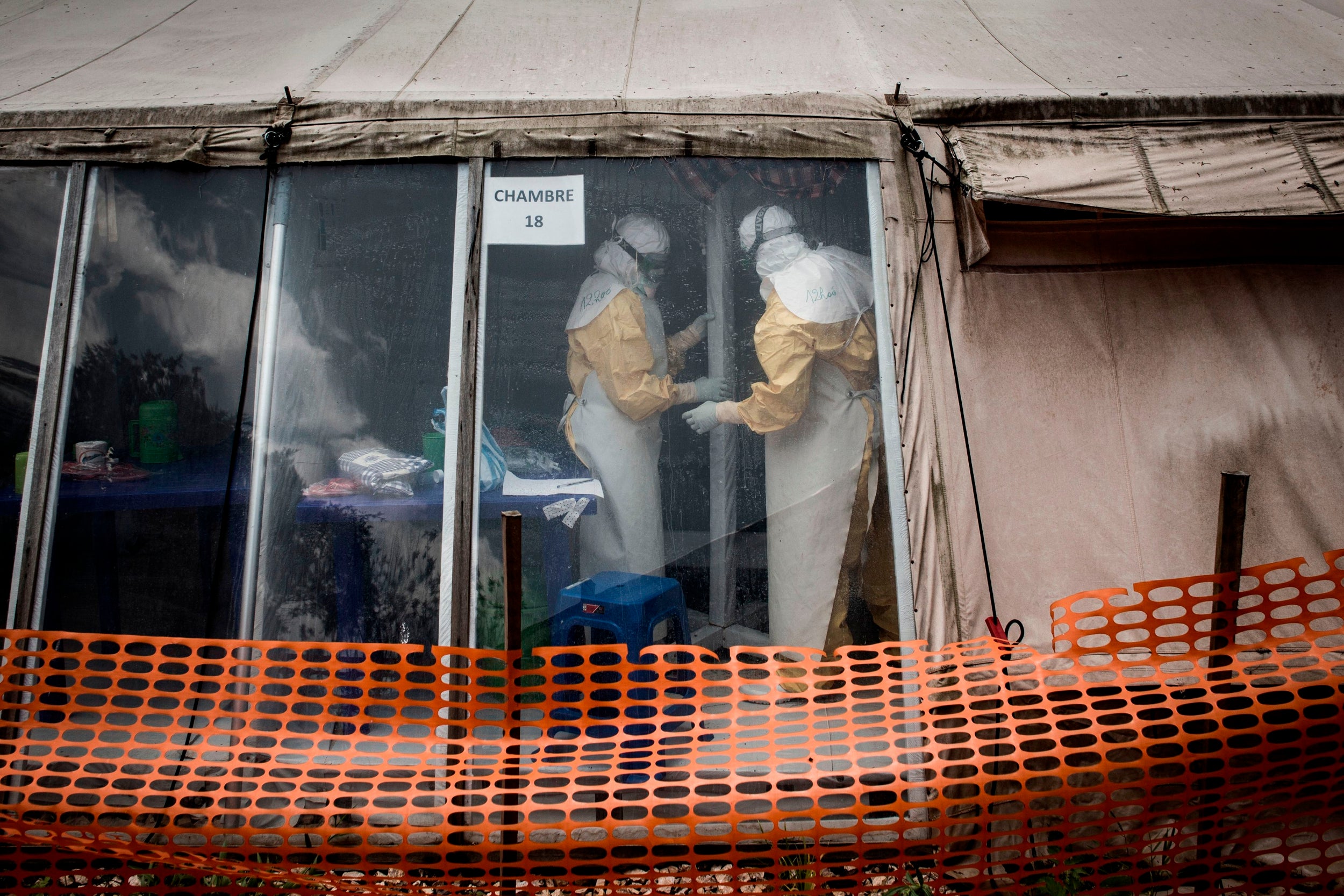 Health workers inside the ‘red zone’ of an Ebola treatment centre in DRC