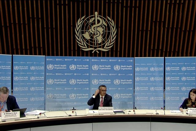 A TV grab from the World Health Organization (WHO) website shows (From L) World Health Organization (WHO) Health Emergencies Programme Director Michael Ryan, WHO Director-General Tedros Adhanom Ghebreyesus and WHO Technical Lead Maria Van Kerkhove attending a WHO virtual news briefing on the COVID-19 from the WHO headquarters, on 17 April 2020 in Geneva