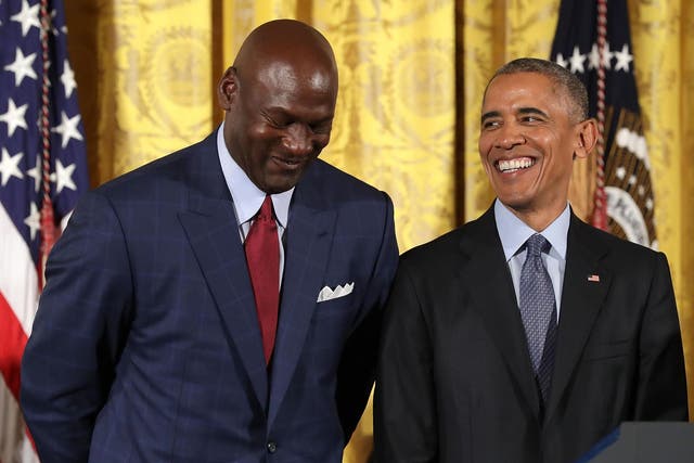 Barack Obama and Michael Jordan before Mr Obama awarded him the Presidential Medal of Freedom