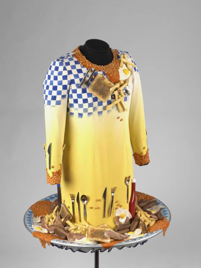 Dame Edna's Breakfast Dress, designed by Stephen Adnitt and worn by Barry Humphries as Dame Edna Everage in the television programme Dame Edna's Work Experience 1997 (V&amp;A Museum)