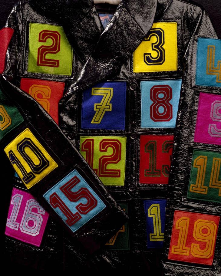 Jacket of PVC with felt appliqué of Bingo numbers, designed by Jim O'Connor for Mr Freedom, England, 1970 (V&amp;A Museum)