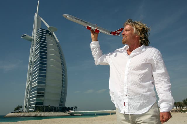 Richard Branson promotes the inaugural flight of the Virgin Atlantic Airbus A340 to Dubai in 2006