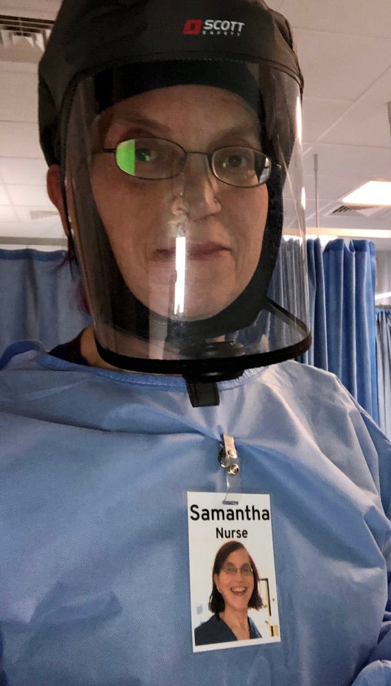Samantha wearing full PPE – and her COV-ID
