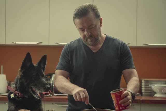 Dog’s dinner: Gervais plays Tony, a recently bereaved local newspaper journalist