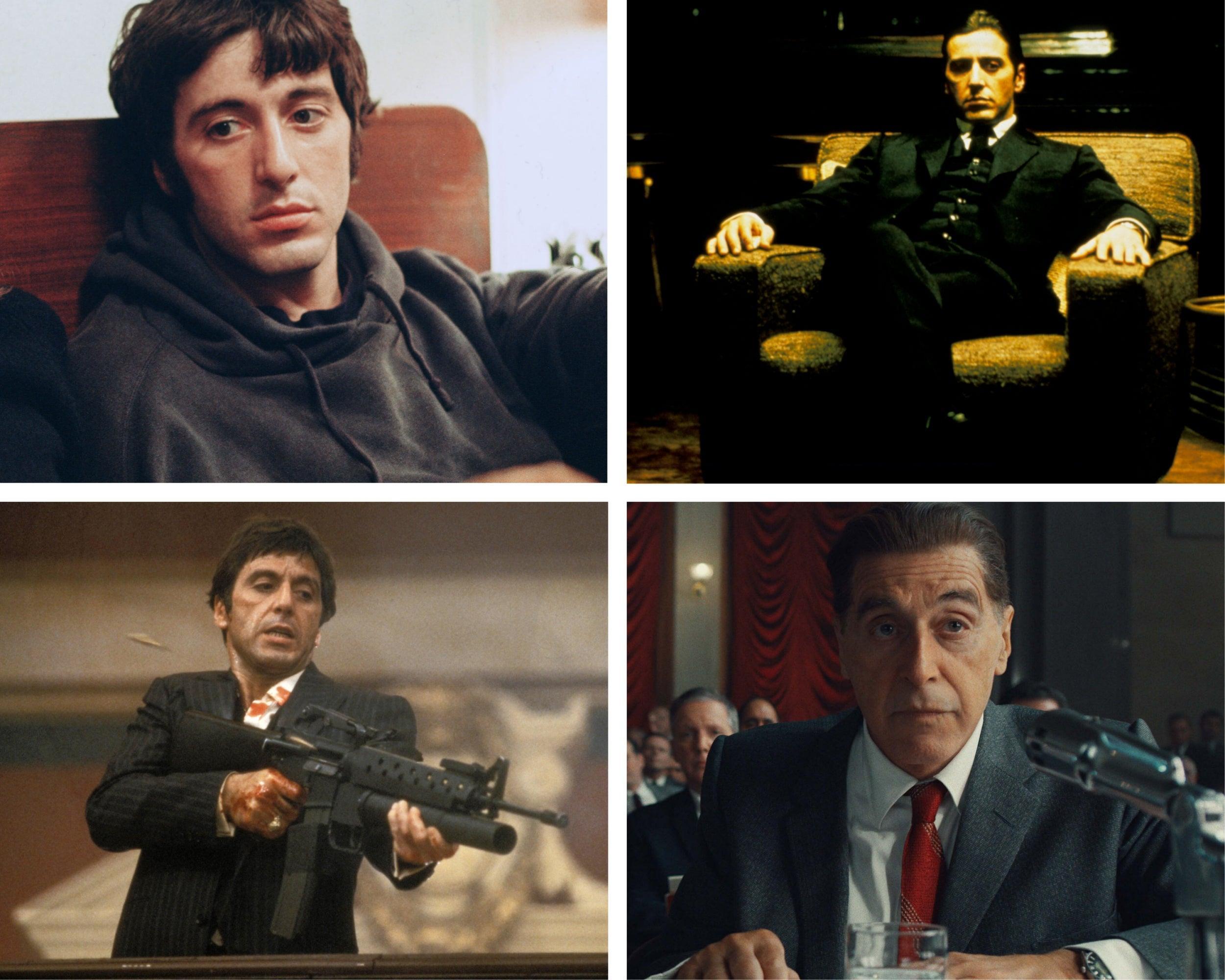 Acting his rage: Pacino in (clockwise, from top left) ‘The Panic in Needle Park’, ‘The Godfather Part II’, ‘The Irishman’ and ‘Scarface’