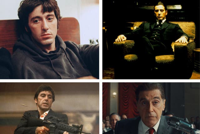 Acting his rage: Pacino in (clockwise, from top left) ‘The Panic in Needle Park’, ‘The Godfather Part II’, ‘The Irishman’ and ‘Scarface’