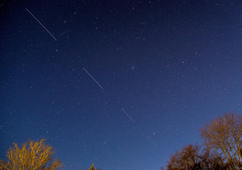 SpaceX Starlink satellites are pictured in the sky seen from Svendborg on South Funen, Denmark 21 April, 2020