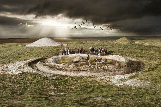 This artist's impression shows a funeral ceremony at an Early Bronze Age burial enclosure