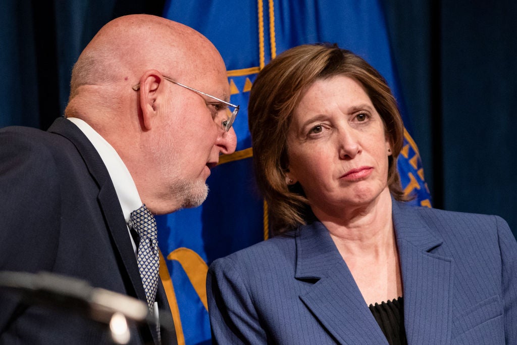 CDC Director Robert Redfield pictured with Dr Nancy Messonnier, Director of the National Centre for Immunization and Respiratory Diseases, at a coronavirus press conference in late January 2020